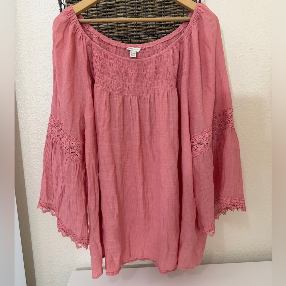 Cato coral pink women's 3/4 sleeve top with lace trim.
